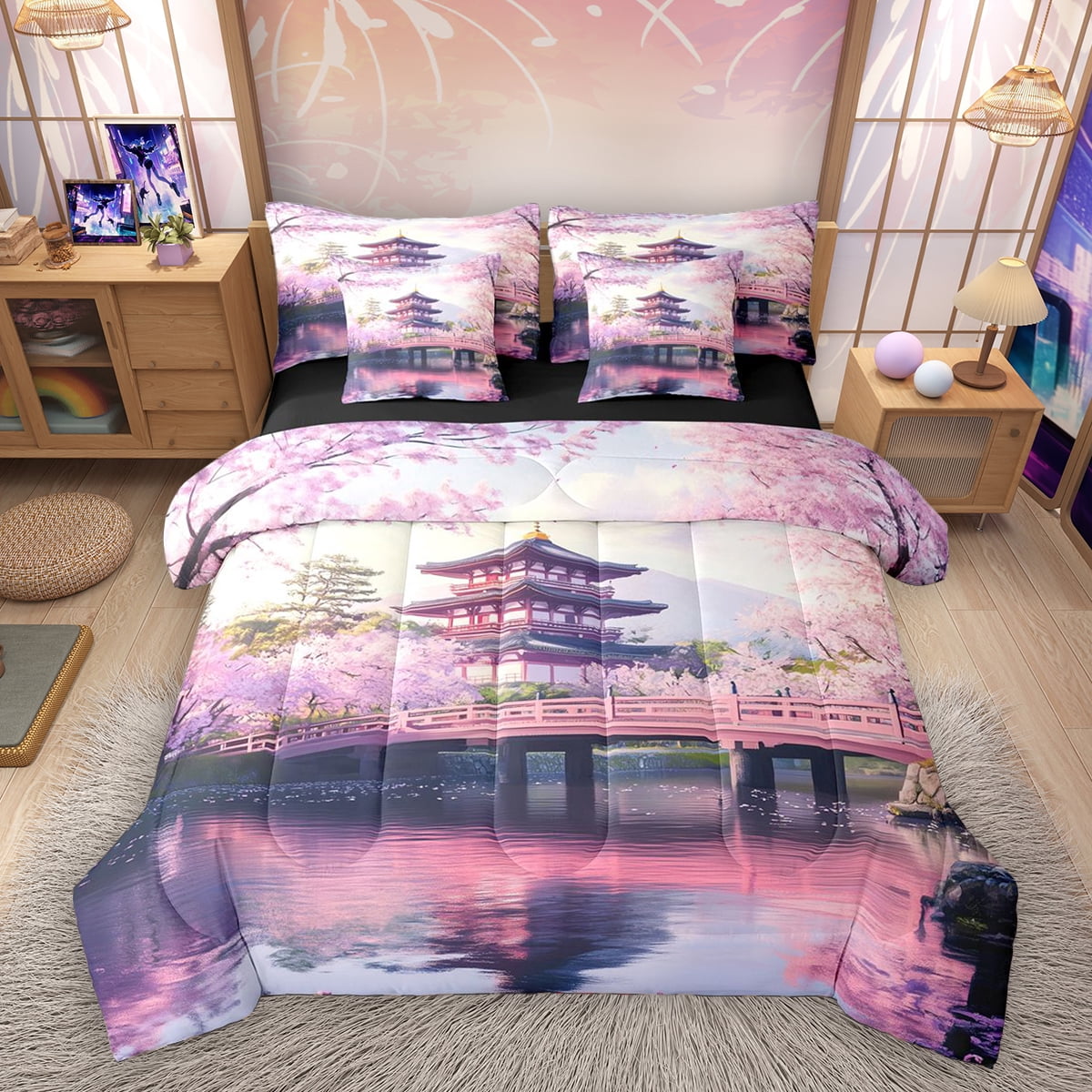 Homewish Cherry Blossom 7-Piece Bedding Comforter Set,Japanese Theme ...