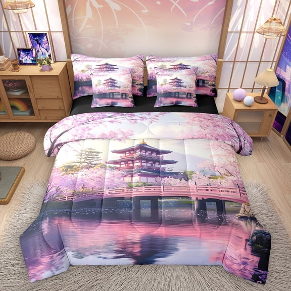 Homewish Cherry Blossom 7-Piece Bedding Comforter Set,Japanese Theme King Bedding Sets,Pink Sakura Bed Sheets For Girls Kids,Breathable Home Decor Reversible