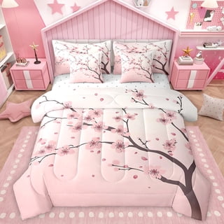 Homewish Cherry Blossom 7-Piece Twin Bedding Sets,Pink Sakura Bedding Comforter Set,Japanese Theme Sheet Sets For Girls Kids,Microfiber Bedroom Decor