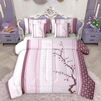 Homewish Cherry Blossom 7-Piece Twin Bedding Sets,Purple Flower Floral Bedding Comforter Set,Modern Geometric Stripe Sheet Sets For Girls,Ultra Soft Home Decor Reversible