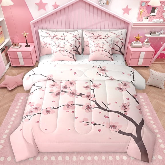 Homewish Cherry Blossom 7pcs Bedding Comforter Set,Pink Sakura Queen Bedding Sets,Japanese Theme Queen Sheet Sets For Girls Kids,Microfiber Bedroom Decor
