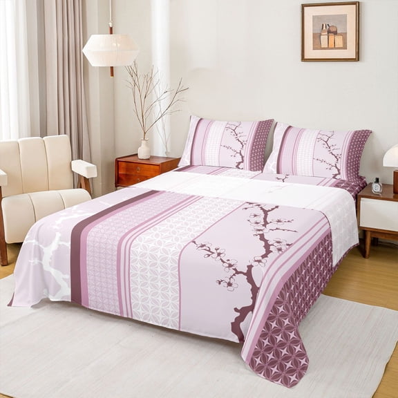 Homewish Cherry Blossom Bed Sheets,Purple Flower Floral King Sheets,Modern Geometric Stripe Sheet Set For Girls,Ultra Soft Home Decor,4 Pieces