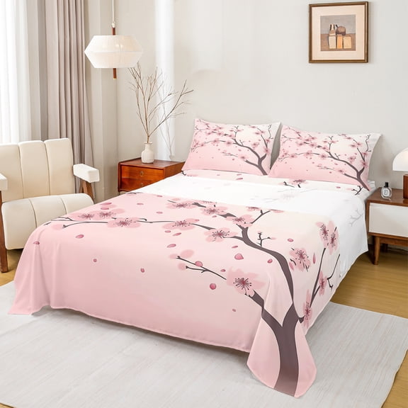 Homewish Cherry Blossom Full Size Sheets,Pink Sakura Bed Sheets,Japanese Theme Sheet Sets For Girls Kids,Microfiber Bedroom Decor,4 Pieces