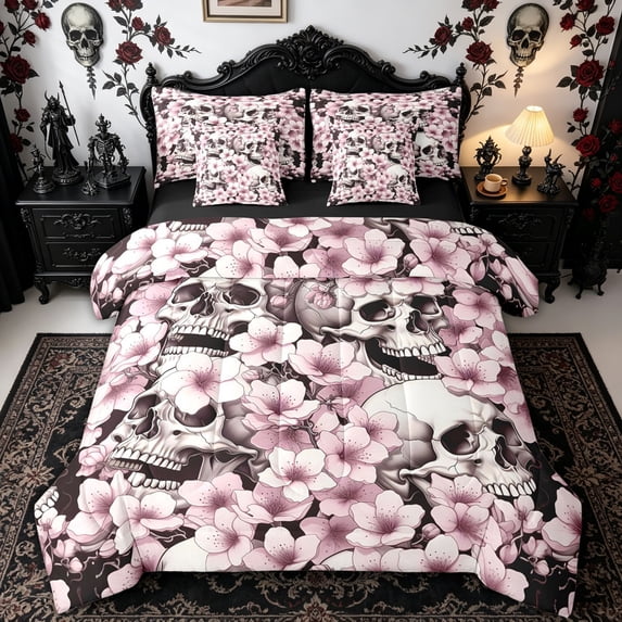 Homewish Cherry Blossom Gothic Skull King Bedding for Girls, Pink Japanese Flower King Bed in a Bag, Black Reversible, 7pcs
