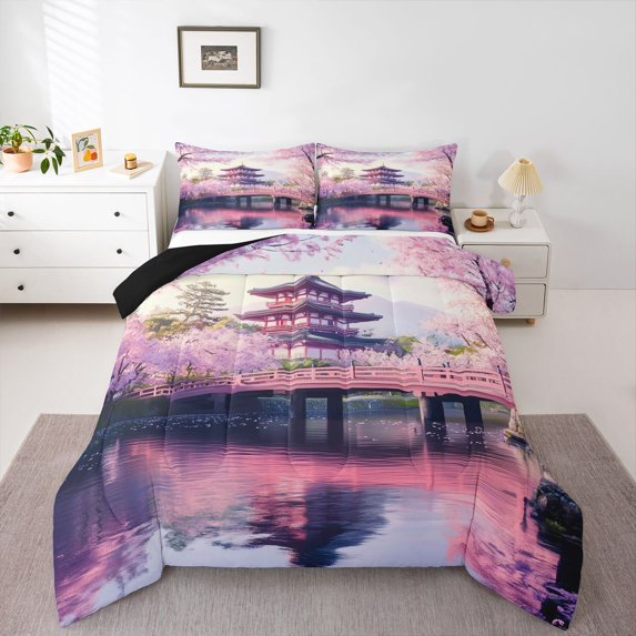 Homewish Cherry Blossom Queen Comforter Set,Japanese Theme Bedding Sets,Pink Sakura Bedding Comforter Set For Girls Kids,Breathable Home Decor Reversible,3 Pieces