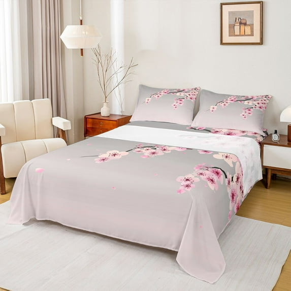 Homewish Cherry Blossom Queen Sheet Sets,Japanese Sakura Flat Sheet,Pink Flower Floral Queen Fitted Sheet For Girl Kids,Luxury Bedroom Decor,4pcs