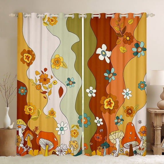 Homewish Cherry Blossoms Kids Curtains Pack of 2 (42x84 Each), Farmhouse Mushroom Plant Curtains Blackout, Retro Stripes Abstract Ombre Bedroom Curtains, Blackout Curtains Decor
