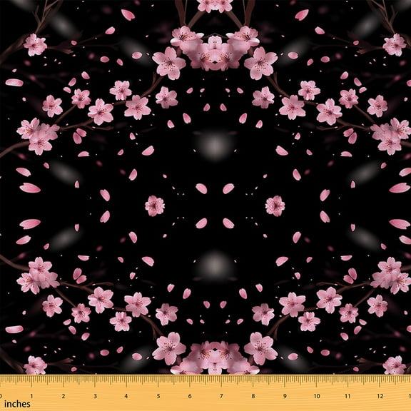 Homewish Cherry Blossoom Fabric by the Yard 1 Yard,Japanese Style Home Decor Fabric by the Yard,Pink Black Sewing Fabric For Girl Teens,Ultra Soft Home Decor