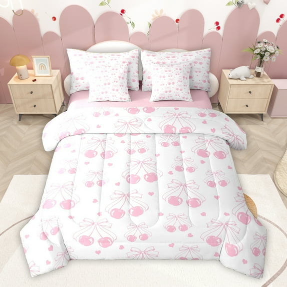 Homewish Cherry Bowknot Child Bedding Comforter Set 7pcs, White Pink Cartoon King Bedding Sets, Kawaii Princess Ribbon Reversible Bed Sheets, Breathable Home Decor