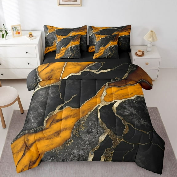 Homewish Chic Abstarct Ombre Twin Bedding Sets 7-Piece, Black Orange Fashion Marble Bedding Comforter Set, Teens Kids Adult Men Women Reversible Sheet Sets, Luxury Bedroom Decor