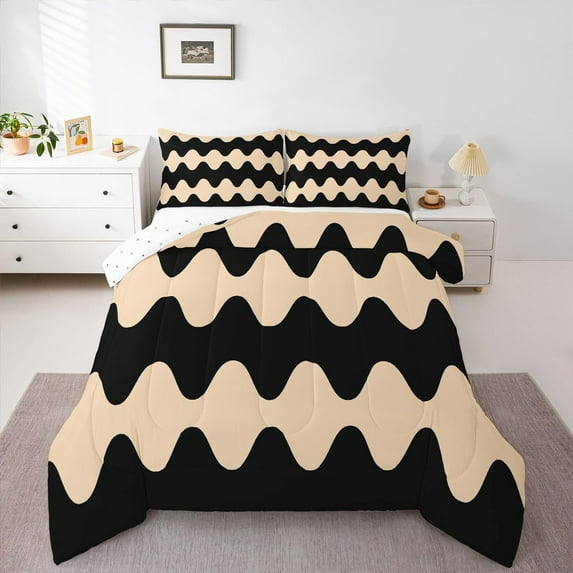 Homewish Chic Abstract Adult Bedding Comforter Set, Wheat Black Stripes Waves Twin Comforter Sets, Modern Fashion Reversible Bedding Set, Luxury Bedroom Decor, 2pcs
