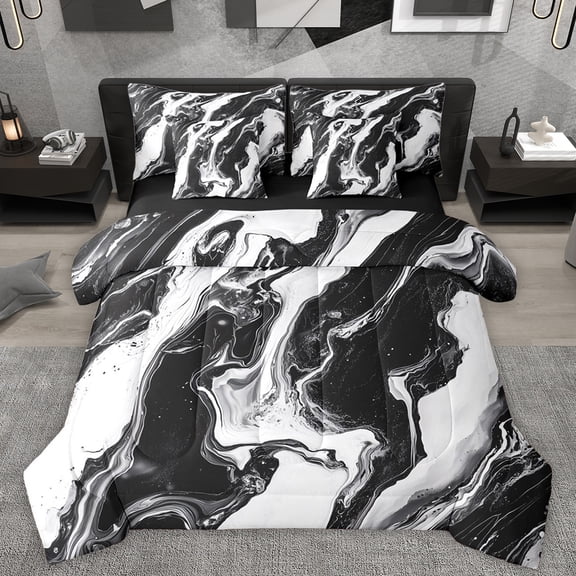 Homewish Chic Abstract Marble Bedding Comforter Set 7pcs, Modern Marbling Ombre King Bedding Sets, Black White Artwork Stripes Reversible Bed Sheets, Breathable Home Decor
