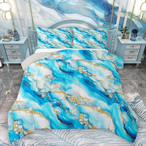 Homewish Chic Abstract Marble Queen Comforter Set, Modern Marbling Ombre Bedding Sets, Cyan Gold Artwork Stripes Reversible Bedding Comforter Set, Breathable Home Decor, 3pcs