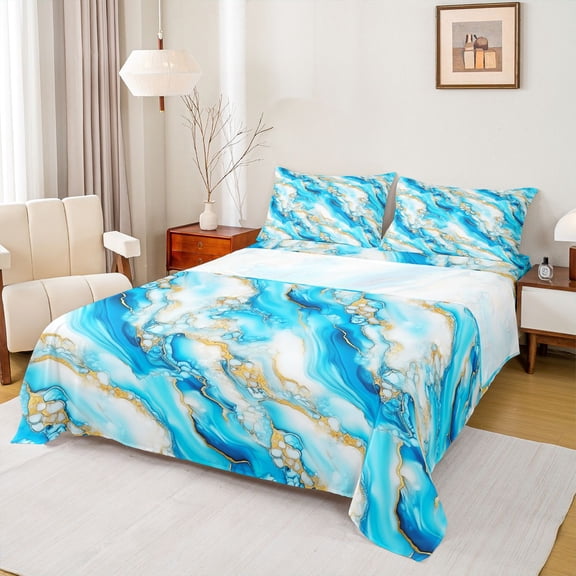 Homewish Chic Abstract Marble Queen Sheet Sets, Modern Marbling Ombre Flat Sheet, Cyan Gold Artwork Stripes Queen Fitted Sheet, Breathable Home Decor, 4pcs