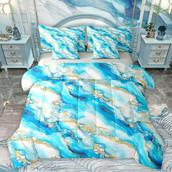 Homewish Chic Abstract Marble Twin Bedding Sets 7-Piece, Modern Marbling Ombre Bedding Comforter Set, Cyan Gold Artwork Stripes Reversible Sheet Sets, Breathable Home Decor