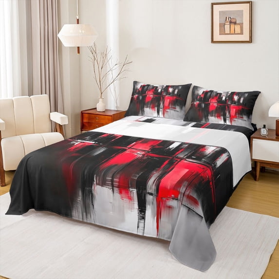 Homewish Chic Artwork Abstract Bed Sheets, Black Red Watercolor King Sheets, Teens Boys Girls Men Sheet Set, Lightweight Room Decor, 4 Pieces