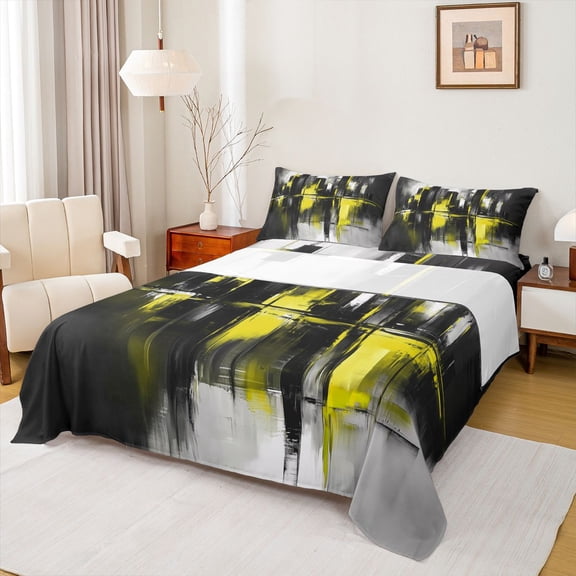 Homewish Chic Artwork Abstract Queen Sheet Sets, Black Yellow Watercolor Flat Sheet, Teens Boys Girls Men Queen Fitted Sheet, Breathable Home Decor, 4 Pieces
