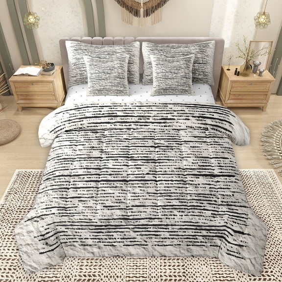 Homewish Chic Black Stripes Bedding Comforter Set 7 Pieces for Adult, Modern Abstract Ombre Full Bedding Set, Fashion Graffiti Art Reversible Fitted Sheet Flat Sheet, Microfiber Bedroom Decor