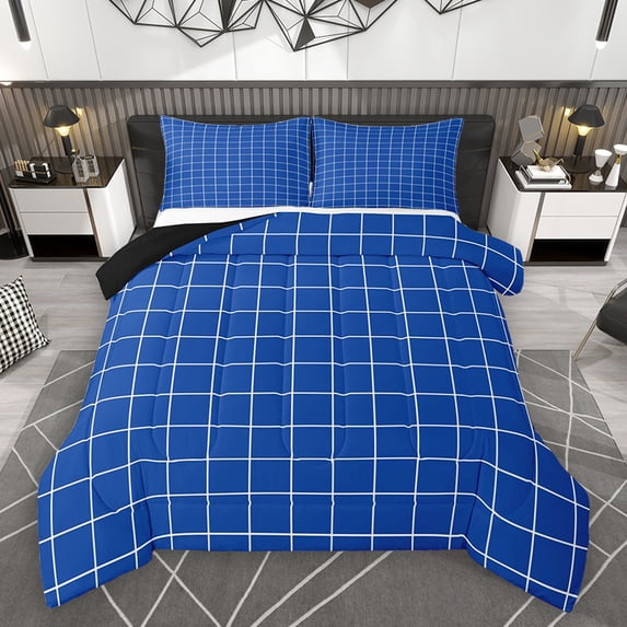 Homewish Chic Blue Buffalo Full Size Comforter Sets for Adult, Square Checkered Plaid Bedding Comforter Set, Modern Abstract Reversible Bedding Sets, Microfiber Bedroom Decor, 3pcs
