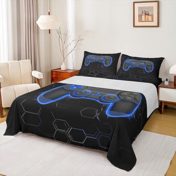 Homewish Chic Blue Honeycomb Twin Sheet Sets, Video Game Controller Twin Fitted Sheet, Modern Gaming Player Flat Sheet, Breathable Home Decor, 3 Pieces
