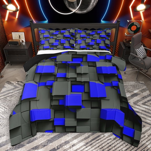 Homewish Chic Blue Square Queen Comforter Set for Adult, Futuristic Abstract Ombre Bedding Sets, Modern Fashion Reversible Bedding Comforter Set, Luxury Bedroom Decor, 3pcs