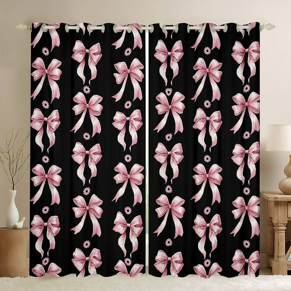 Homewish Chic Bow Knot Ribbon Black Out Curtains, Black Pink Curtains Pack of 2 (42x63 Each) for Girls, Princess Style Bedroom Curtains, Luxury Bedroom Decor