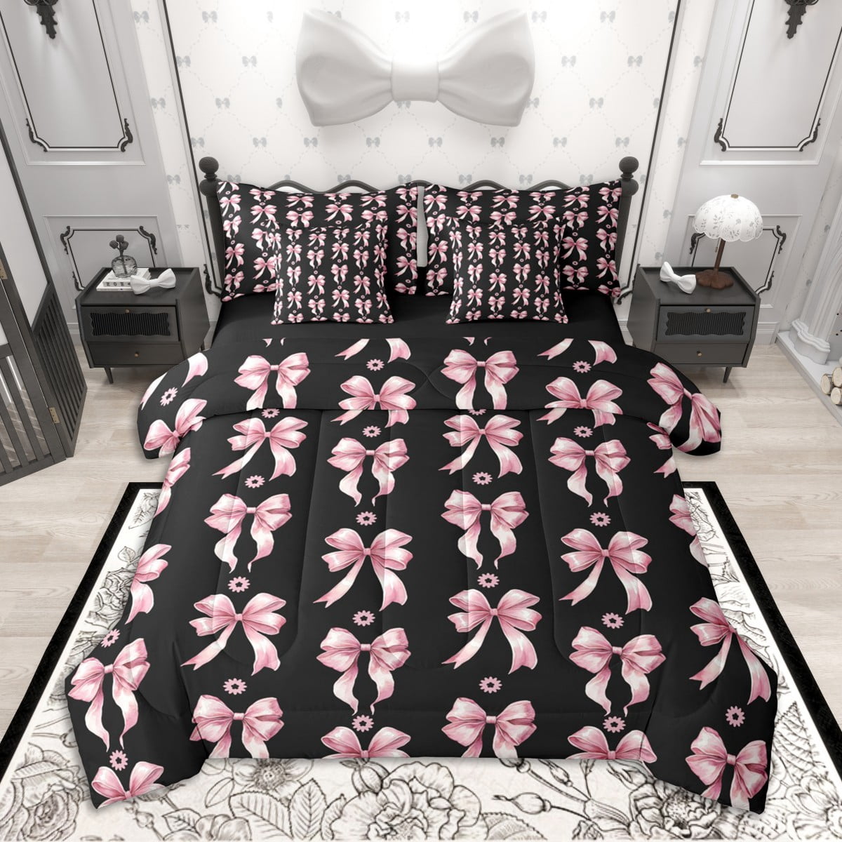 homewish-chic-bow-knot-ribbon-twin-bedding-sets-7-piece-black-pink