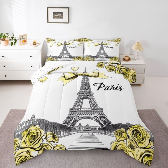 Homewish Chic Bowtie Rose Bedding Comforter Set,Paris Eiffel Tower Twin Comforter Sets,Yellow White Bedding Set For Kids,Luxury Bedroom Decor Reversible,2-Piece