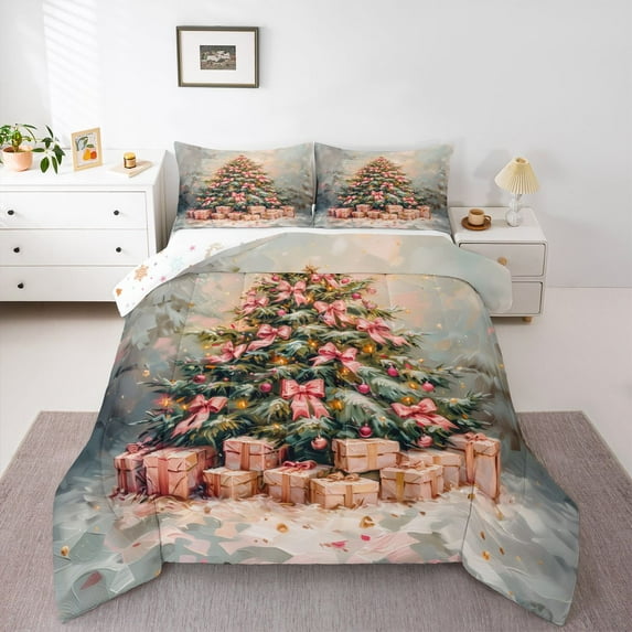 Homewish Chic Bowtie Xmas Tree Bedding Comforter Set,Pink Christmas Gifts Twin Comforter Sets,Happy New Year Bedding Set For Girsl Kids,Ultra Soft Home Decor Reversible,2-Piece