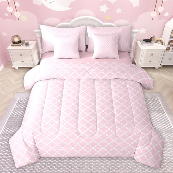 Homewish Chic Buffalo Plaid Bedding Comforter Set 7pcs for Adult, Pink Stripes Ombre King Bedding Sets, Ribbon Bowknot Reversible Bed Sheets, Luxury Bedroom Decor