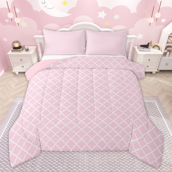 Homewish Chic Buffalo Plaid Full Size Comforter Sets for Adult, Pink Stripes Ombre Bedding Comforter Set, Ribbon Bowknot Reversible Bedding Sets, Luxury Bedroom Decor, 3pcs