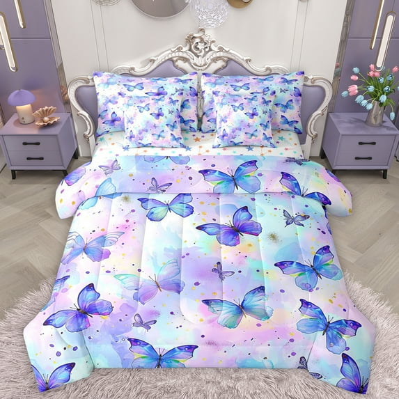 Homewish Chic Butterflies 7-Piece Twin Bedding Sets,Watercolor Splashing Ink Bedding Comforter Set,Purple Pink Ombre Sheet Sets For Girls Kids,Microfiber Bedroom Decor Reversible