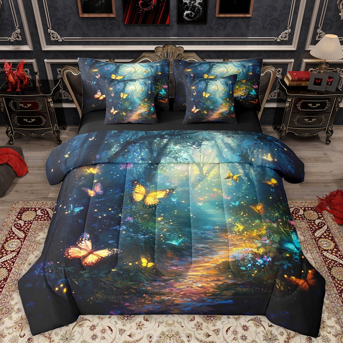 Homewish Chic Butterflies 7 Pieces Bedding Comforter Set,Beauty Natural Landscape Full Bedding Set,Tropical Botanical Plant Fitted Sheet Flat Sheet For Girls Teens,Breathable Home Decor Reversible