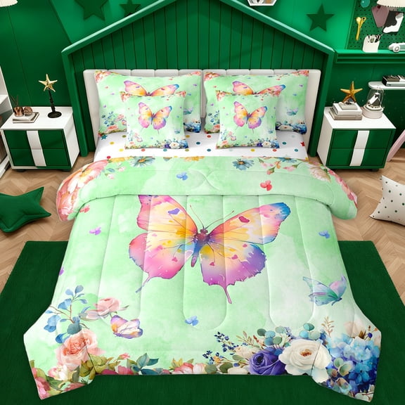 Homewish Chic Butterflies 7pcs Bedding Comforter Set,Rustic Flower Queen Bedding Sets,Green Pink Queen Sheet Sets For Girls Kids,Microfiber Bedroom Decor Reversible