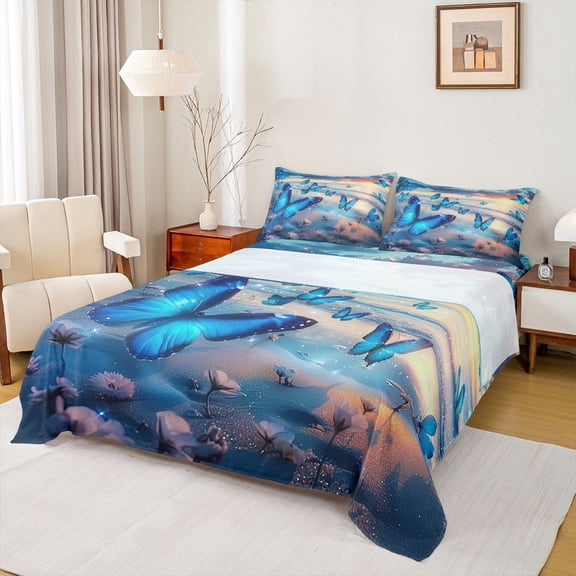 Homewish Chic Butterflies Bed Sheets,Ocean Sea Beach King Sheets,Dreamy Blue Sheet Set For Teens,Ultra Soft Home Decor,4-Piece