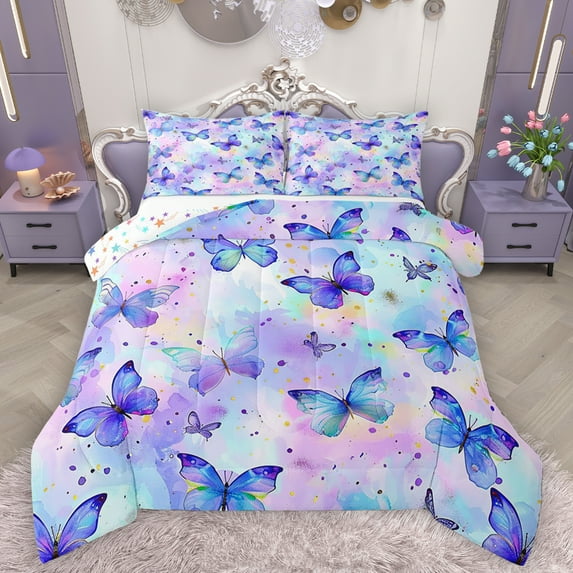 Homewish Chic Butterflies Bedding Comforter Set,Watercolor Splashing Ink Twin Comforter Sets,Purple Pink Ombre Bedding Set For Girls Kids,Microfiber Bedroom Decor Reversible,2-Piece