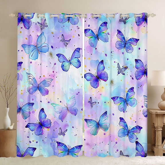 Homewish Chic Butterflies Curtains Pack of 2 (42x84 Each),Watercolor Splashing Ink Curtains Blackout,Purple Pink Ombre Bedroom Curtains For Girls Kids,Microfiber Bedroom Decor