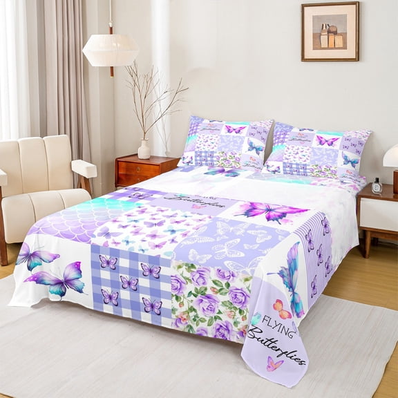 Homewish Chic Butterflies Full Size Sheets,Patchwork Geometric Checkered Bed Sheets,White Purple Sheet Sets For Girls Kids,Microfiber Bedroom Decor,4-Piece