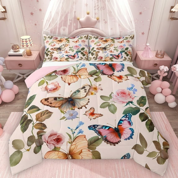 Homewish Chic Butterflies Queen Comforter Set,Rustic Flower Floral Bedding Sets,Country Autumn Leaves Bedding Comforter Set For Girls Teens,Breathable Home Decor Reversible,3-Piece