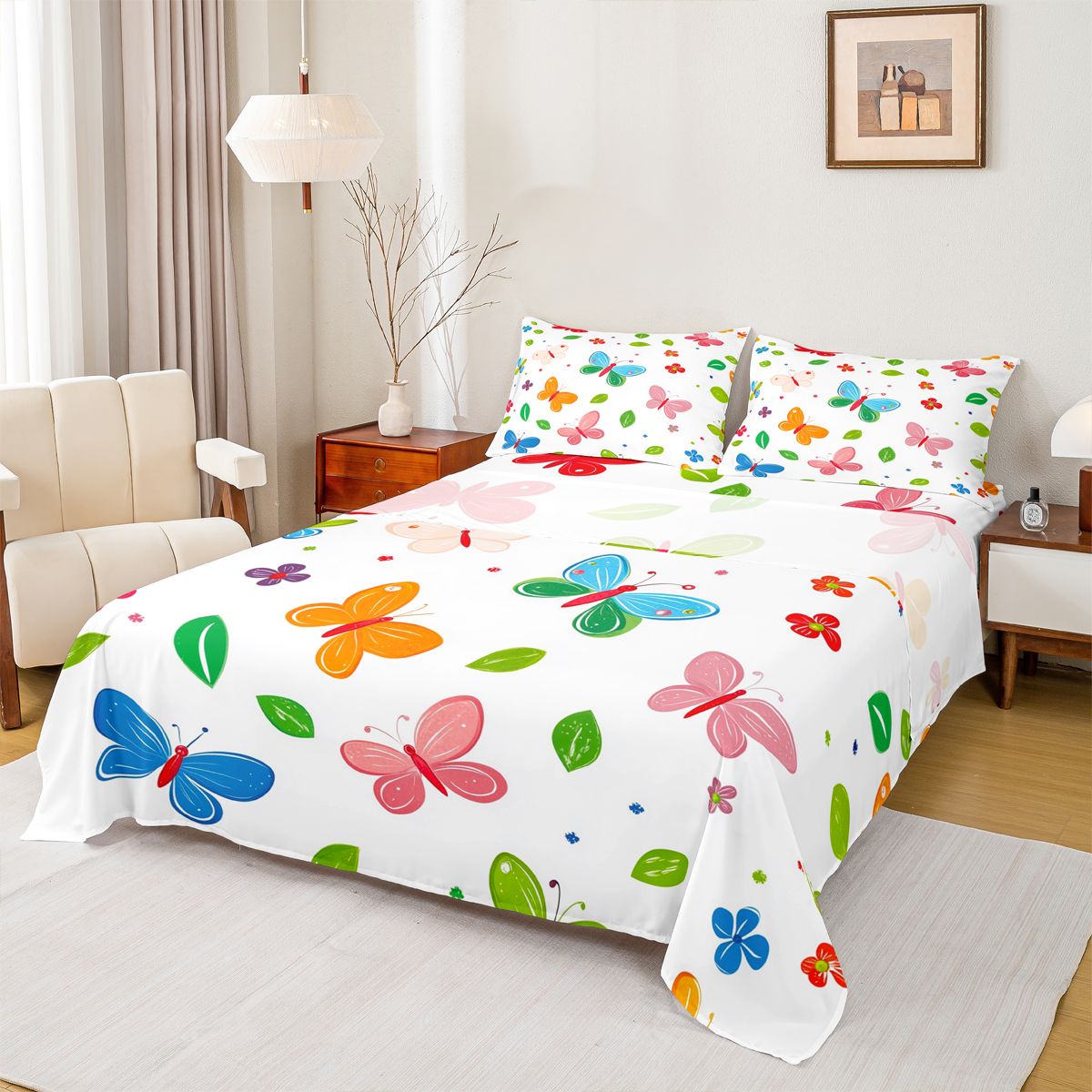 Homewish Chic Butterflies Queen Sheet Sets,Rustic Leaf Flat Sheet,Colorful Flying Animal Queen Fitted Sheet For Girls Kids,Microfiber Bedroom Decor,4 Pieces