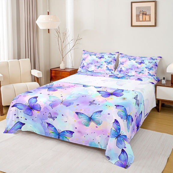 Homewish Chic Butterflies Twin Sheet Sets,Watercolor Splashing Ink Twin Fitted Sheet,Purple Pink Ombre Flat Sheet For Girls Kids,Microfiber Bedroom Decor,3-Piece