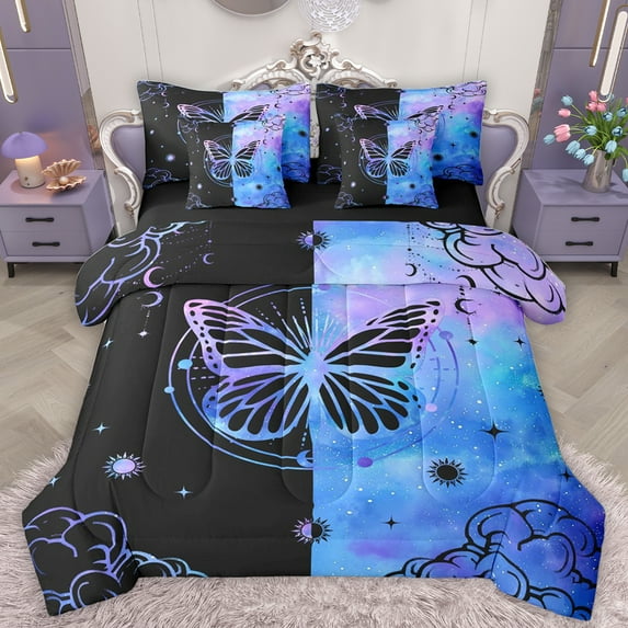 Homewish Chic Butterfly 7-Piece Twin Bedding Sets,Galaxy Starry Sky Bedding Comforter Set,Blue Black Sheet Sets For Kids,Super Cozy Room Decor Reversible