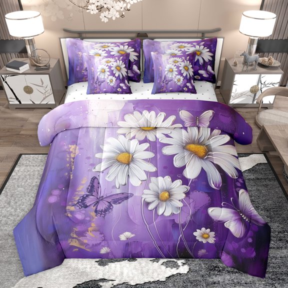 Homewish Chic Butterfly 7-Piece Twin Bedding Sets,Rustic Flower Floral Bedding Comforter Set,Purple White Sheet Sets For Girl Teens,Luxury Bedroom Decor Reversible