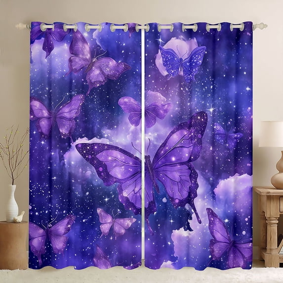 Homewish Chic Butterfly Black Out Curtains,Galaxy Starry Sky Curtains Pack of 2 (42x63 Each),Dreamy Purple Bedroom Curtains For Girls,Microfiber Bedroom Decor