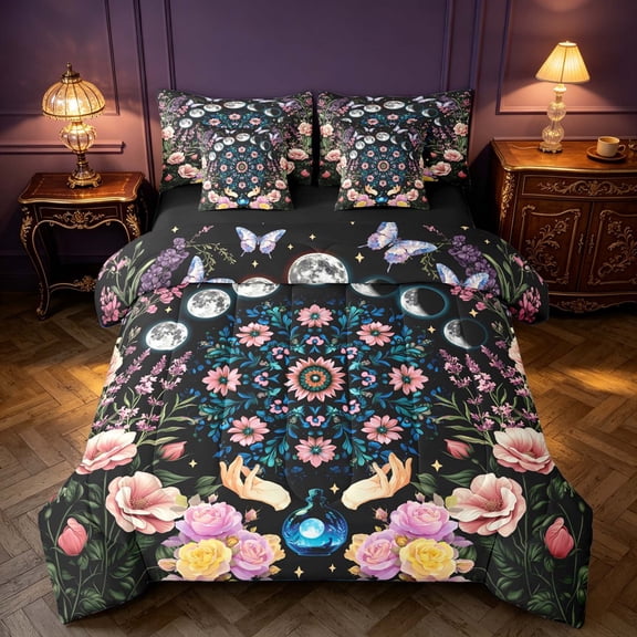 Homewish Chic Butterfly Floral Twin Bedding for Girls, Bohemian Moon Phase Stars Bedding Comforter Set, Black Reversible 7pcs