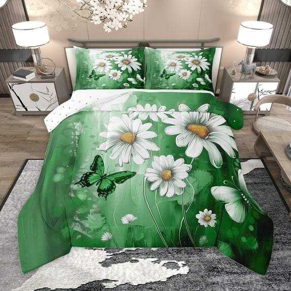 Homewish Chic Butterfly Full Size Comforter Sets,Rustic Flower Floral Bedding Comforter Set,Green White Bedding Sets For Girl Teens,Luxury Bedroom Decor Reversible,3pcs