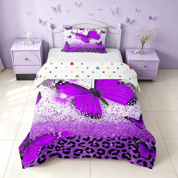 Homewish Chic Butterfly Twin Duvet Cover for Girls, Purple Leopard Print Twin Bedding, Polka Dots Reversible, 2 Pieces 1 Duvet Cover and 1 Pillowcase