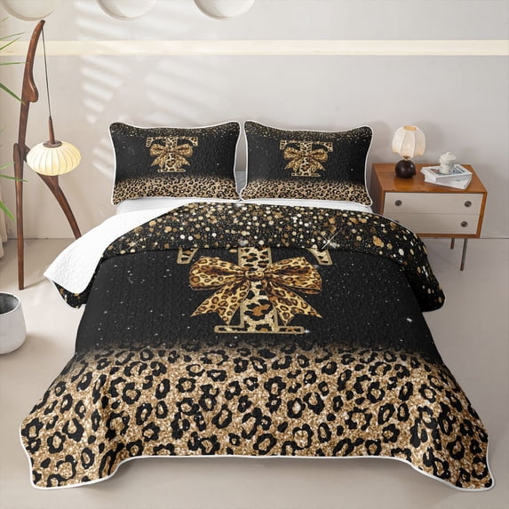 Homewish Chic Cheetah Print Quilt Full, Personalized Initial T Full Bedspread Sets, Black Brown