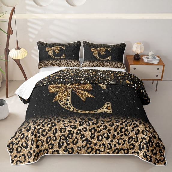Homewish Chic Cheetah Print Twin Quilt Set, Personalized Initial C Twin Coverlet Set, Black Brown
