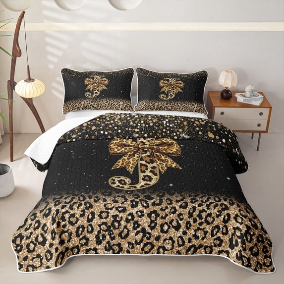 Homewish Chic Cheetah Print Twin Quilt Set, Personalized Initial J Twin Coverlet Set, Black Brown